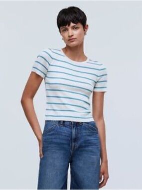 Madewell White Teal Stripe Ribbed Knit Crew Neck Tee